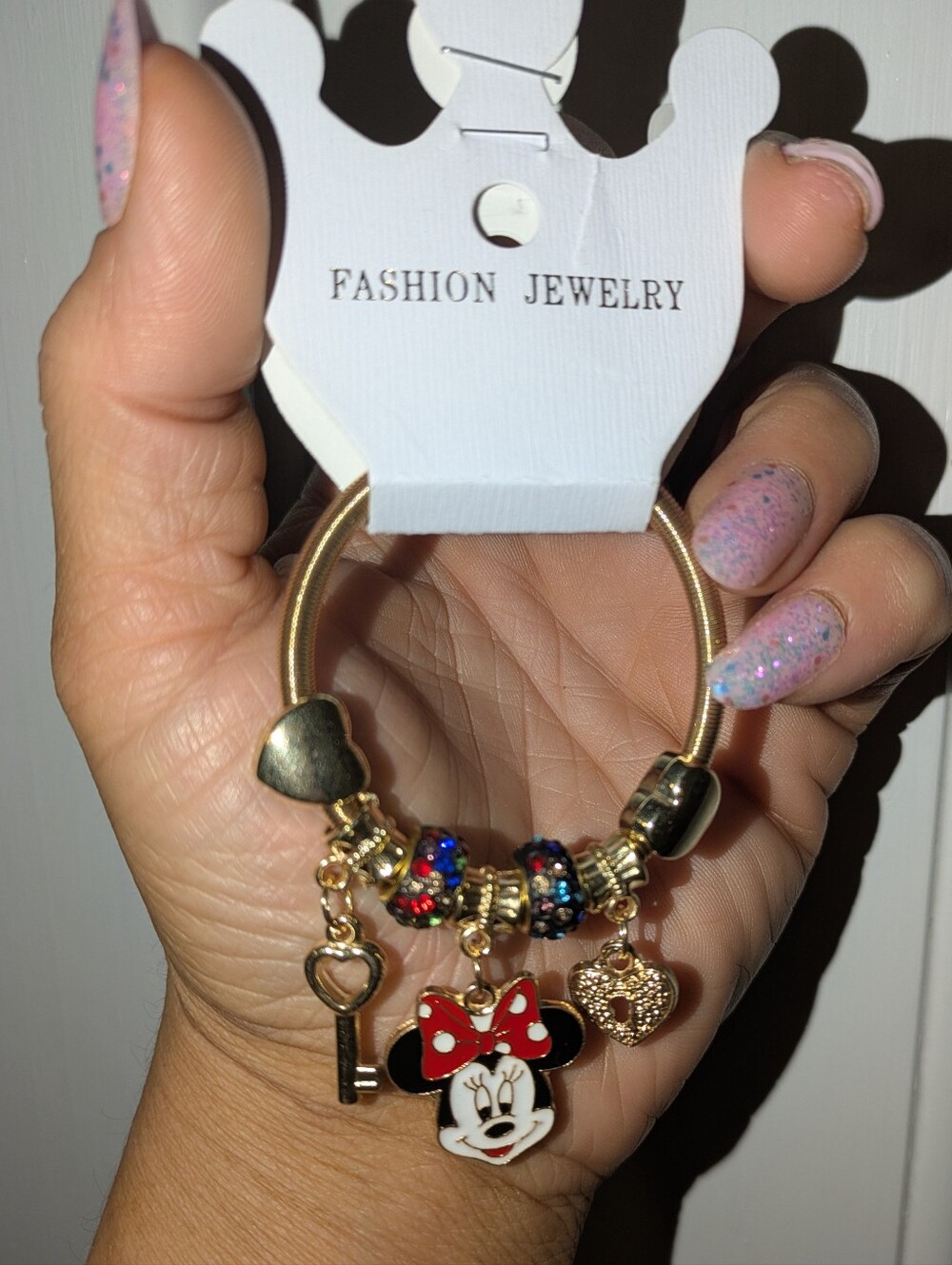 NWT Gold Enamel Minnie Mouse Charm Bracelet Rhinestone Heart Key Lock